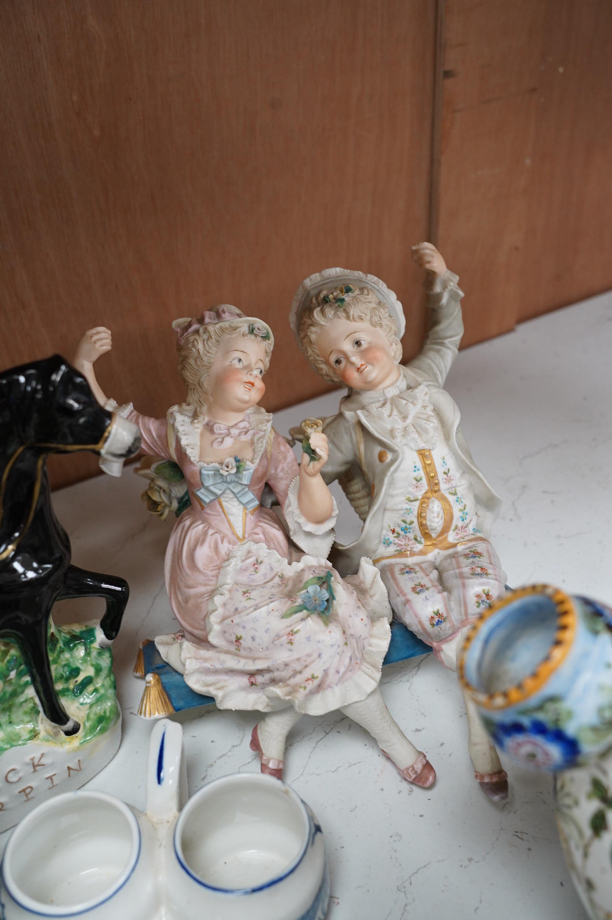 Miscellaneous ceramic ornaments including a continental majolica pot, Staffordshire, etc. Condition - varies